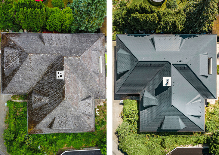 Verwandlung: das Dach vor und nach der aufwendigen Sanierung - © Bild links: Stahlmann; Bild rechts: Prefa I Croce & Wir 
