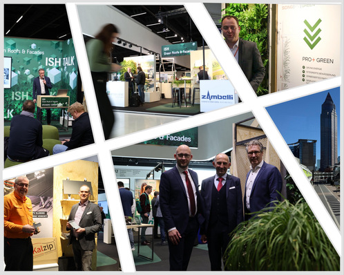 „Fachpersonal auf einer Architekturmesse, umgeben von Ständen mit innovativen Metallverarbeitungstechniken und städtischen Gebäudefassaden im Hintergrund zur Inspiration moderner Bau- und Materialtrends für Spengler, Klempner und Fassadenbauer. - © BAUMETALL
