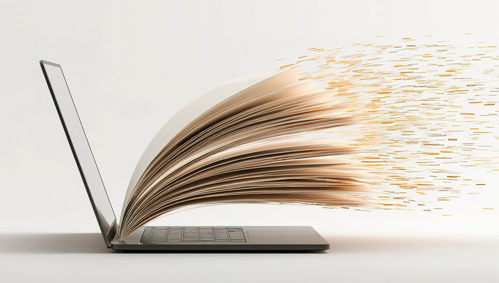 Ein Laptop mit Buchseiten, die aus dem Bildschirm herausragen und sich in digitale Datenströme verwandeln. - © Bild: YanabY - stock.adobe.com