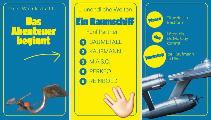 Bunte Grafik in deutscher Sprache mit Werkzeugen, Text und einer Cartoon-Hand auf einem gelb-blauen Layout mit Sci-Fi-Thematik. - © BAUMETALL